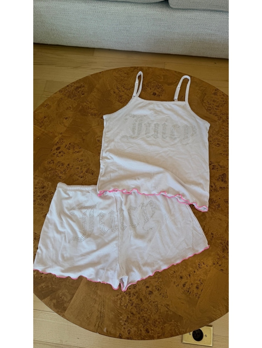 Juicy Couture White Ribbed Tank Top and Shorts Pajama Set with Rhinestone Logo